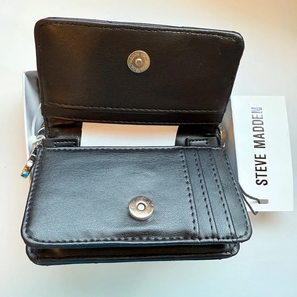 Steve Madden Black Quilted Crossbody Mini-Bag wallet Clutch Chain Strap Box NWT - Picture 3 of 7